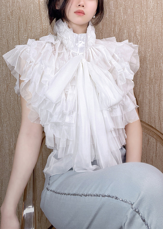 Black Layered Ruffled Stand Collar Bow Shirts Summer