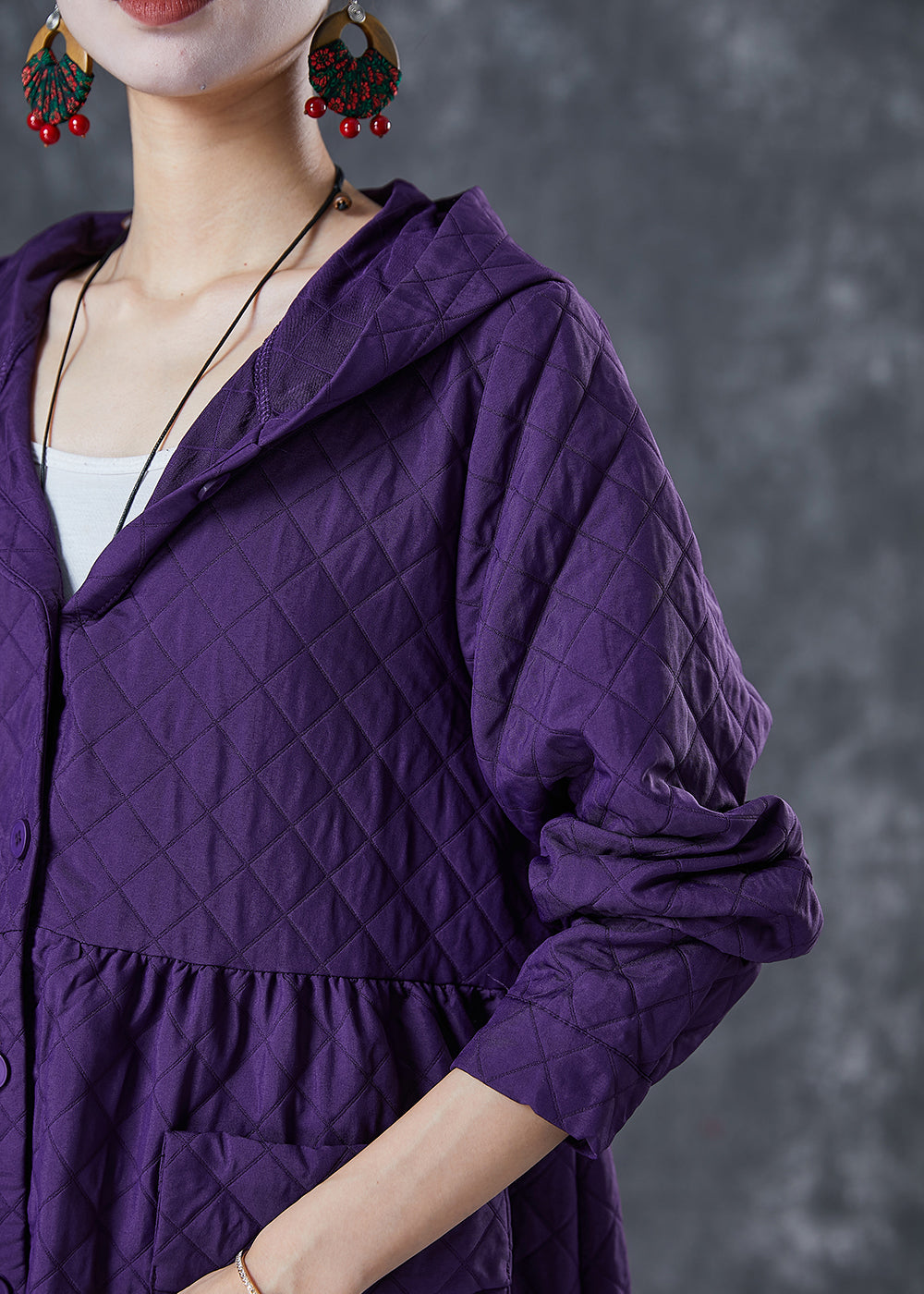 Purple Hooded Pockets Cotton Tench Coats Fall