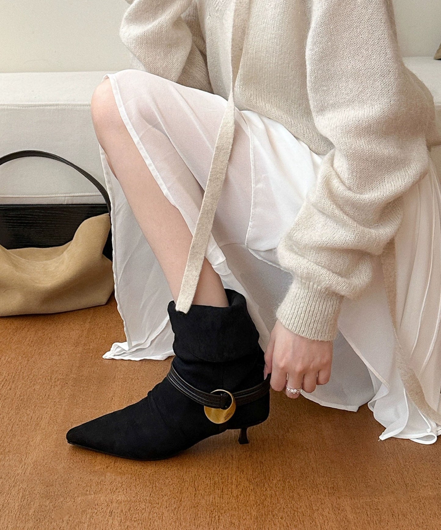 Splicing High Heel Boots Black Suede Pointed Toe