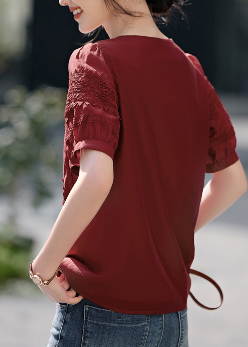 Natural Red O-neck Embroidered Cotton Blouses Summer