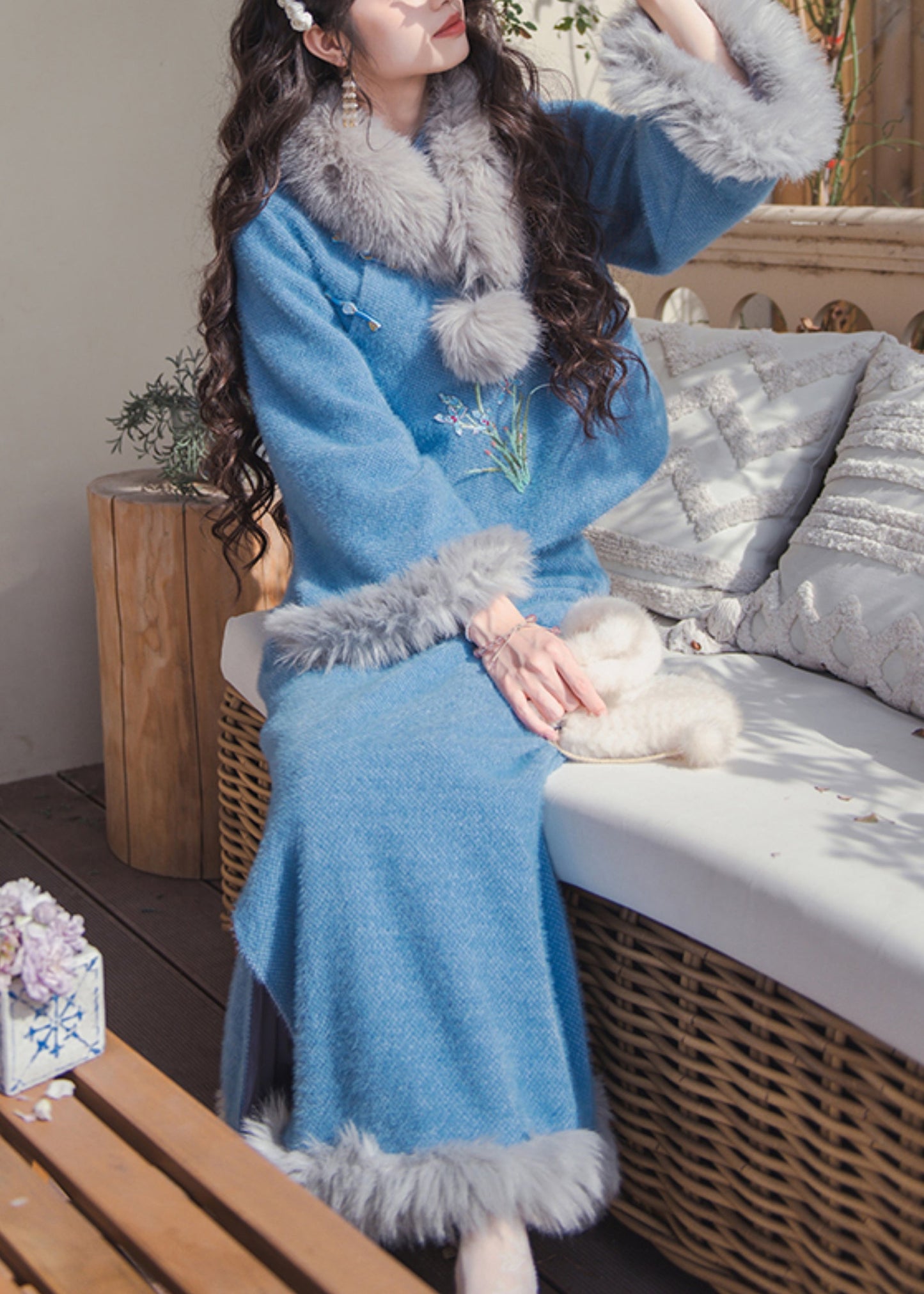 Blue Fur Collar Tops and Skirts Cotton Filled Two Pieces Set Winter