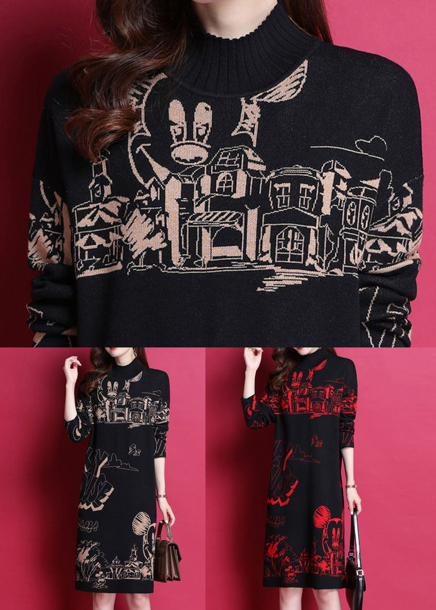 Black High Neck Print Thick Knit Holiday Dress Long Sleeve