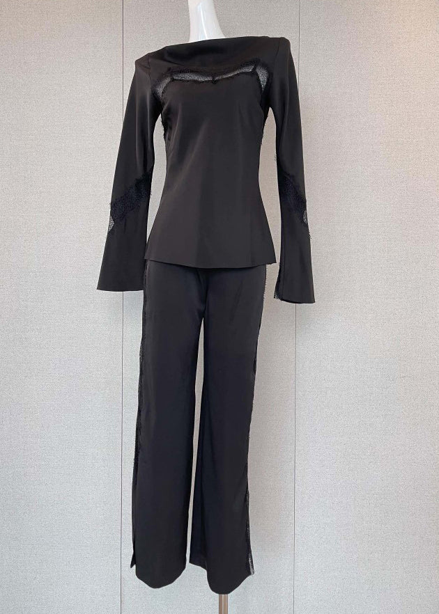 Black Slash Neck Lace Patchwork Top and Wide Leg Pants Two Pieces Set Spring