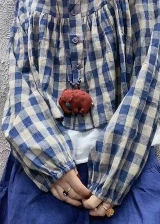 Blue O Neck Plaid Cotton Shirt Top Long Sleeve Fall