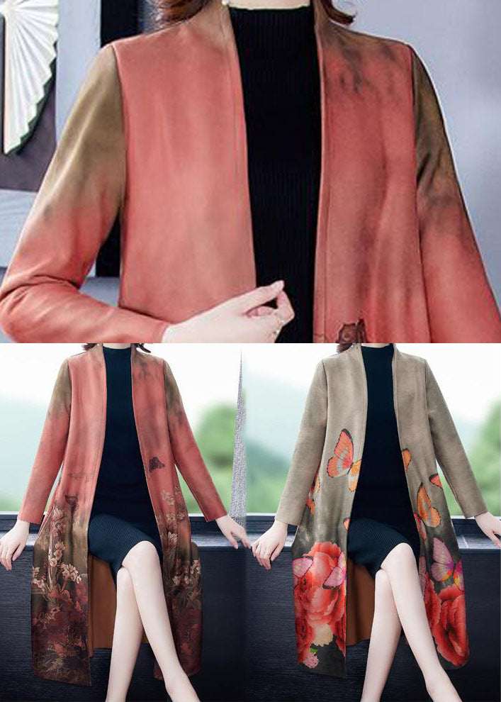 Grey V Neck Butterfly Print Faux Suede Coats Long Sleeve