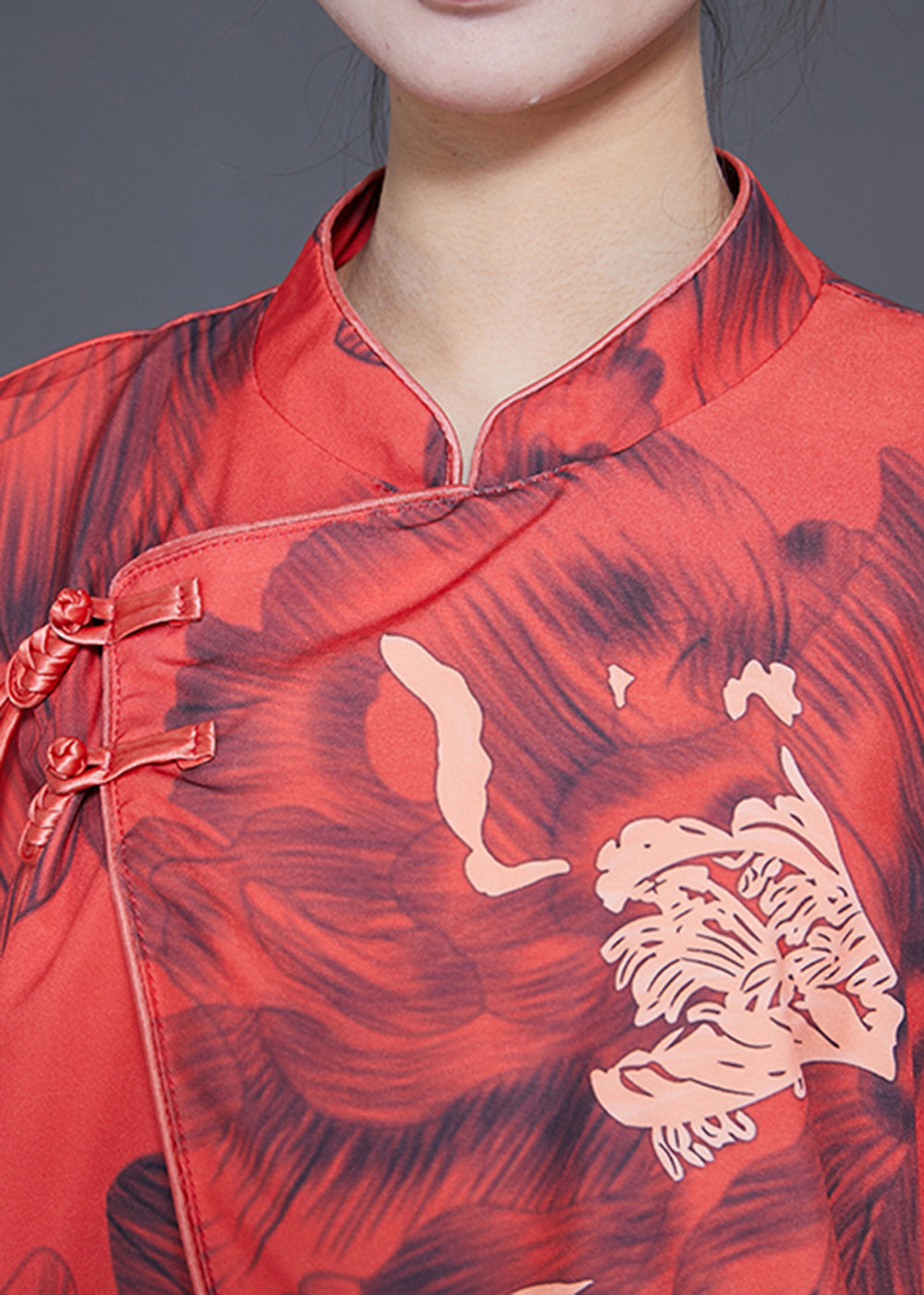 Red Mandarin Collar Print Chinese Button Silk Jacket Spring