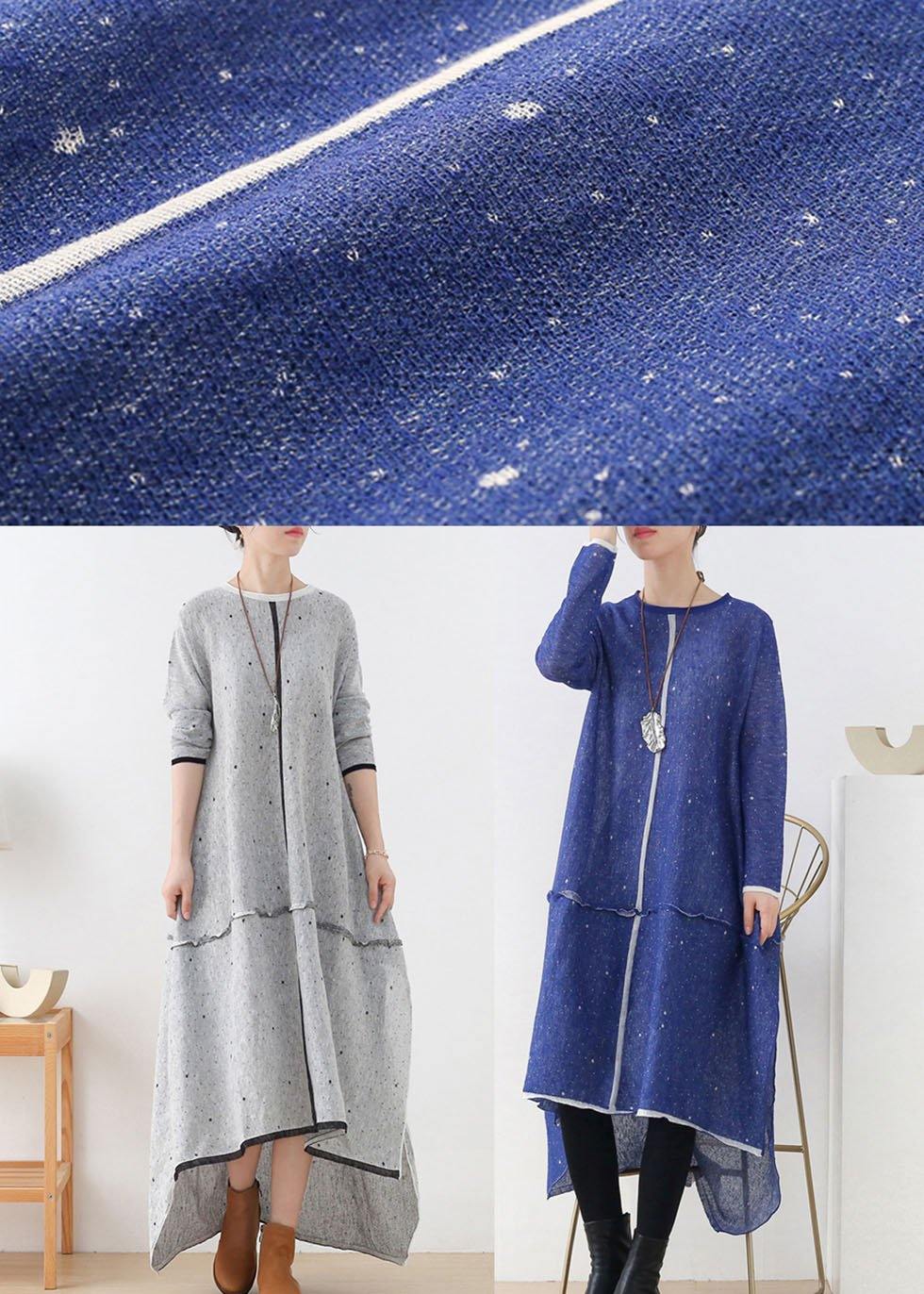 Blue O-neck Pockets Fall Knit Dress