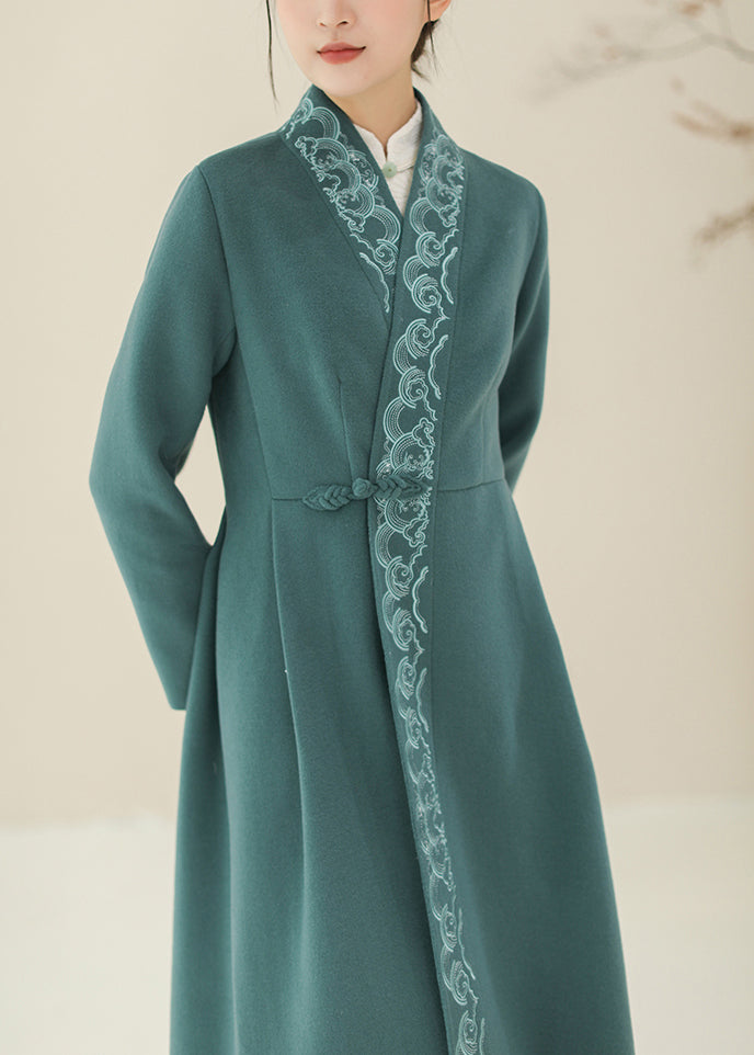 Green Embroideried Chinese Button Woolen Trench Coats Winter