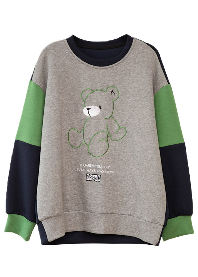 Grey O-neck Embroideried Patchwork Cotton Sweatshirt Long Sleeve
