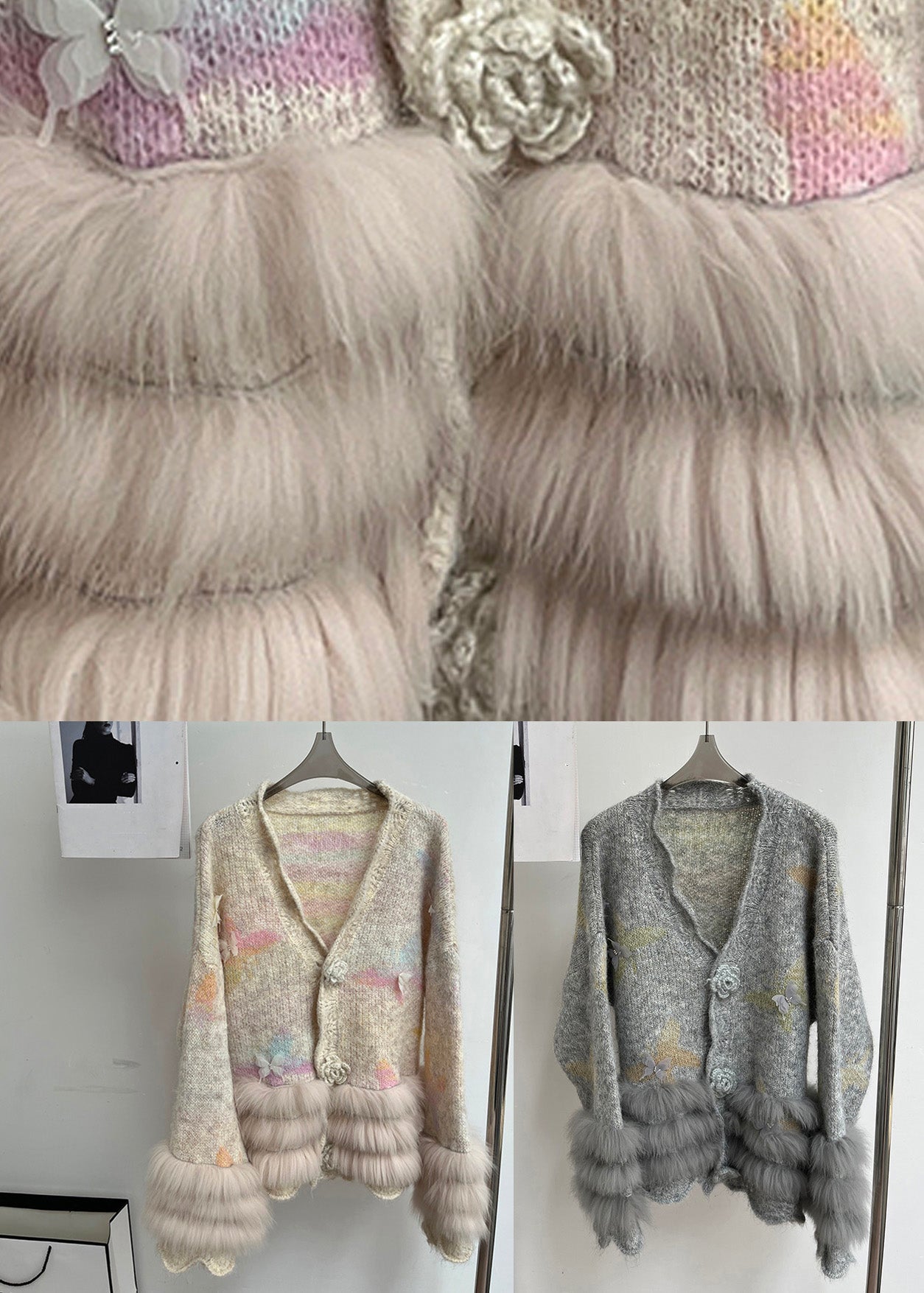 Modern Light Grey V Neck Fur Cotton Knit Cardigans Spring