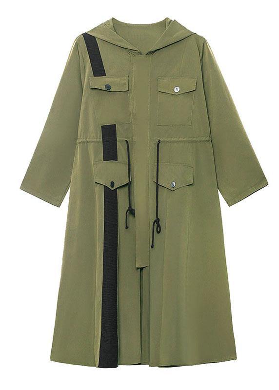 Army Green Pockets Patchwork Button Zippered Fall Tie Waist Hooded Coat Long Sleeve