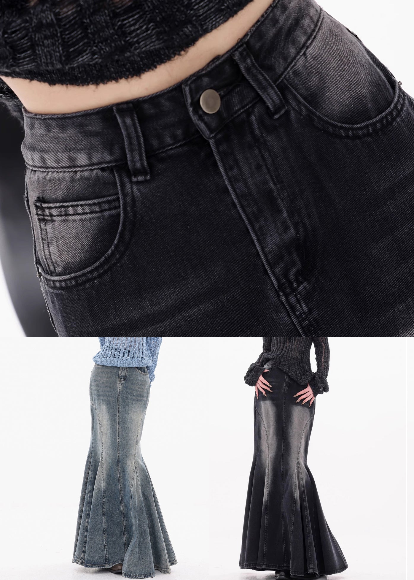 Black Pockets High Waist Denim Maxi Skirts Fall