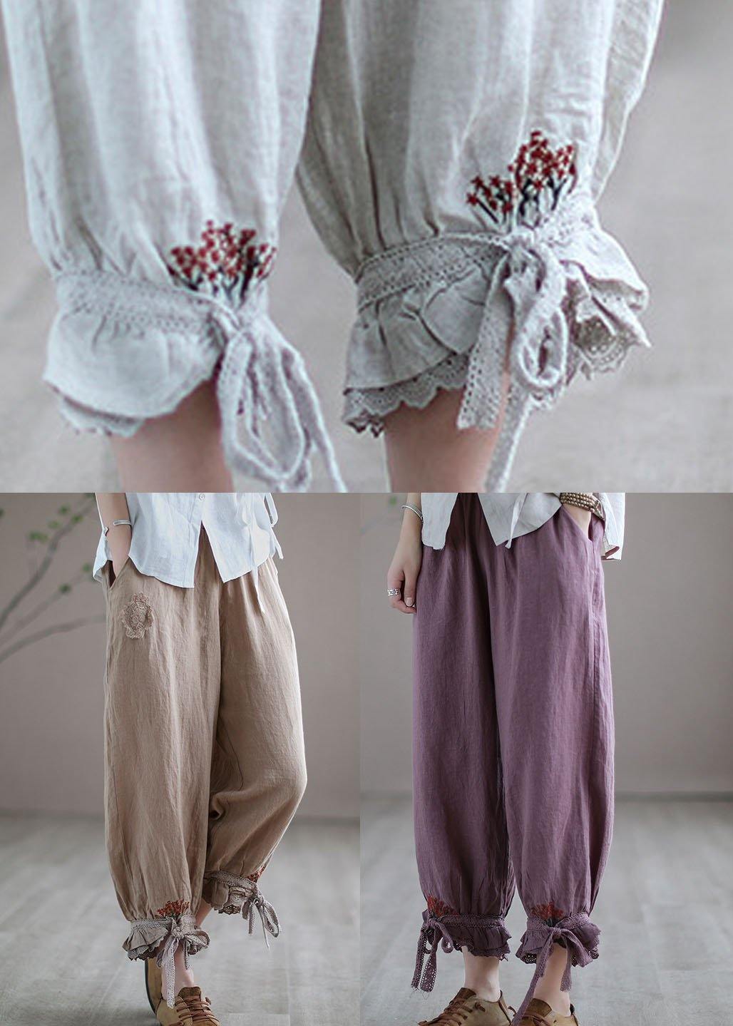 Diy Purple Embroideried Summer Harem Linen Pants