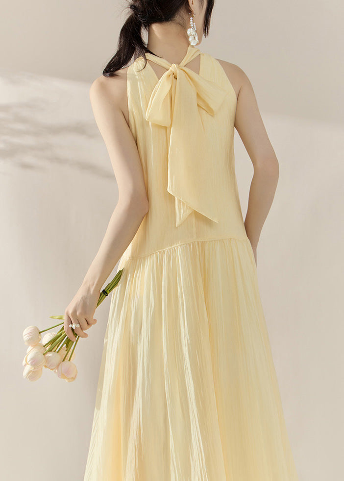 Yellow Halter Cold Shoulder Patchwork Holiday Maxi Dresses Summer