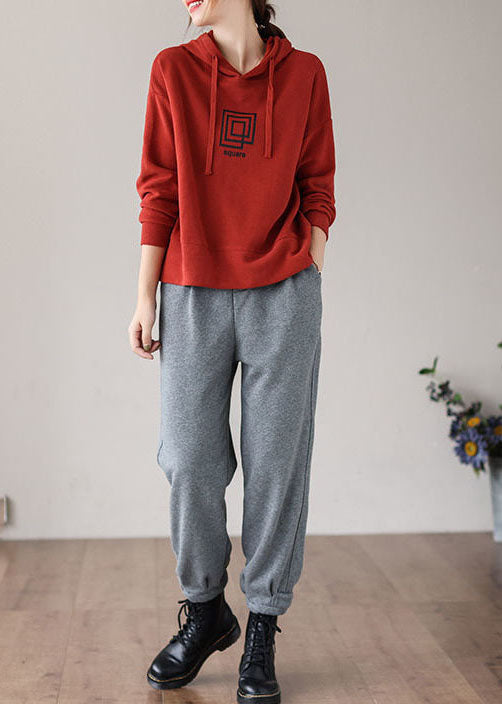 Brick Red Drawstring Hooded Print Cotton Sweatshirts Top Long Sleeve