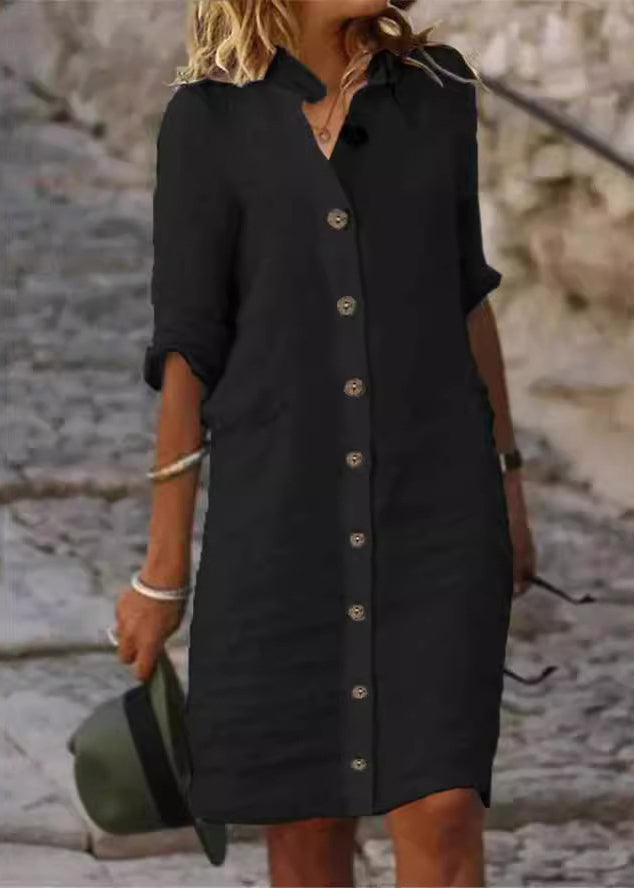 White Stand Collar Button Cotton Shirts Dresses Half Sleeve