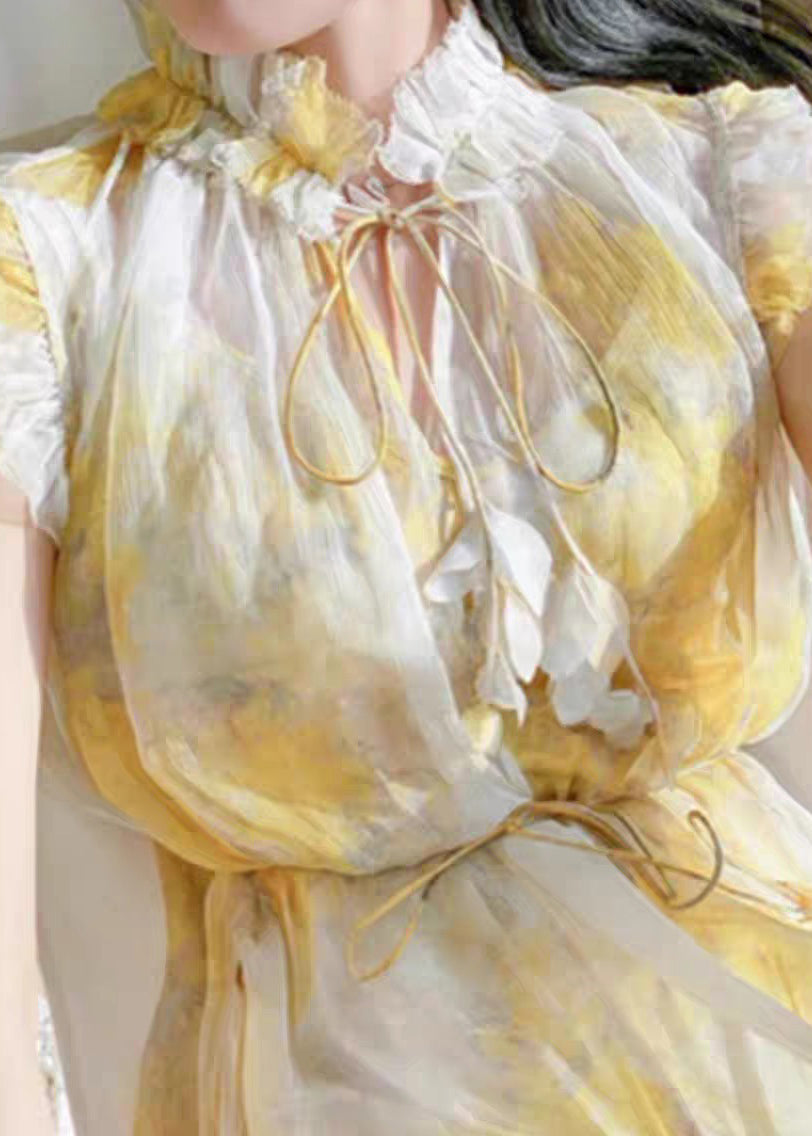 Yellow Ruffled Lace Up Chiffon Two Pieces Set Sleeveless