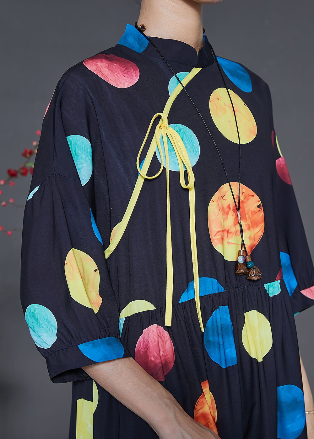 French Rainbow Print Mandarin Collar Silk Dress Summer