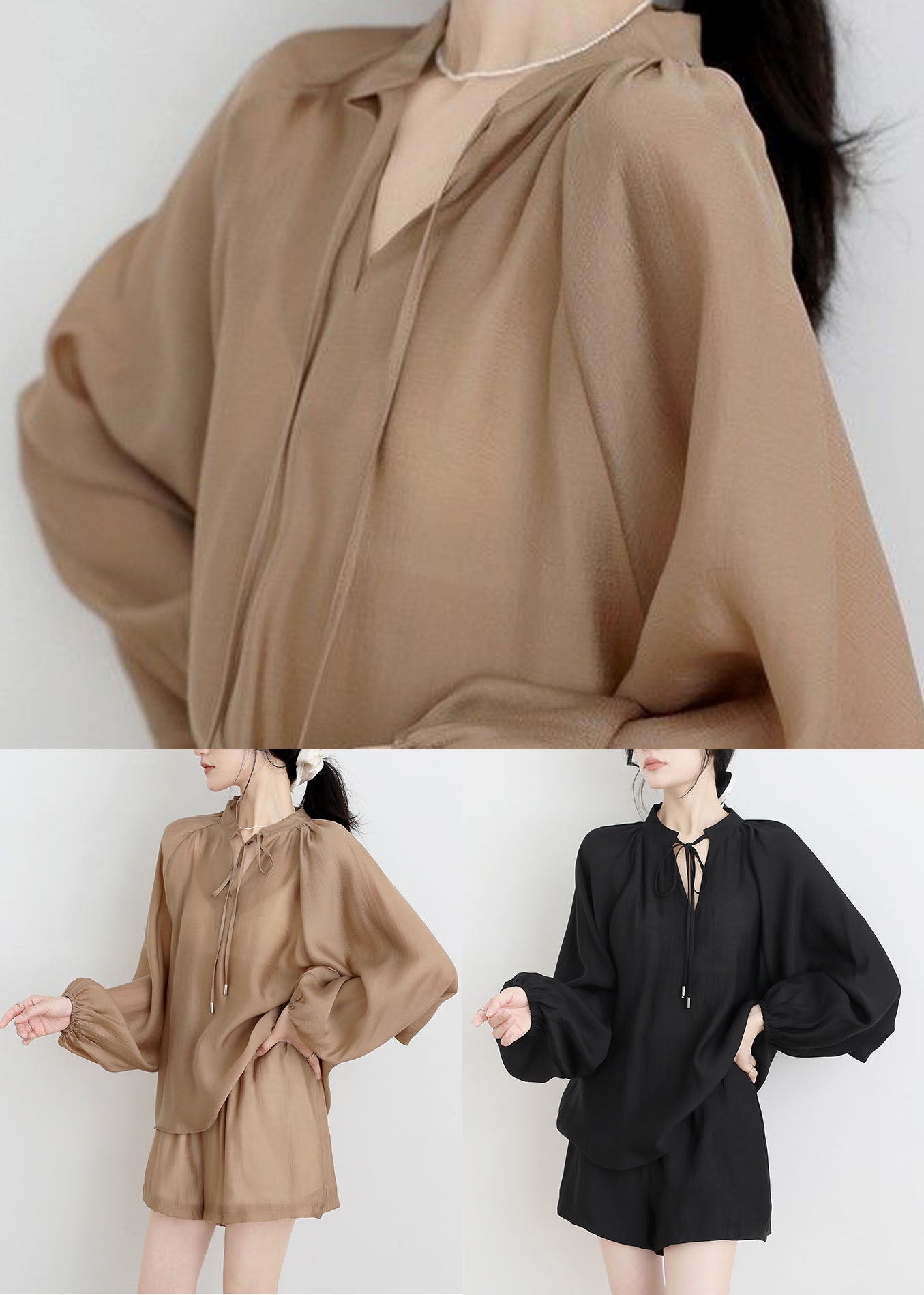 Khaki Stand Collar Color Cotton Two Pieces Set Summer