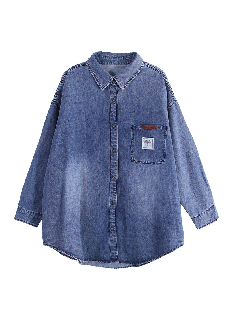 Blue Peter Pan Collar Patchwork Button Denim Shirt Fall