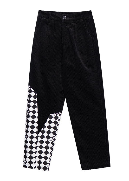 Black Patchwork High Waist Warm Fleece Corduroy Straight Pants Fall