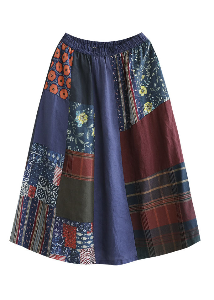 Colorblock Elastic Waist Patchwork Print Linen Skirts Summer