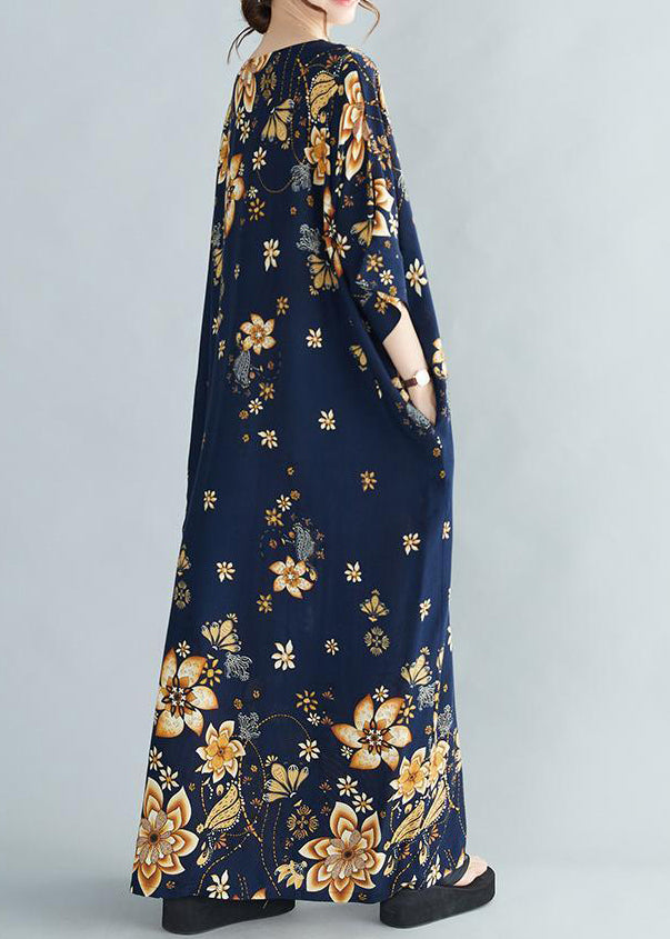 Blue Print Pockets Cotton Long Dresses Half Sleeve