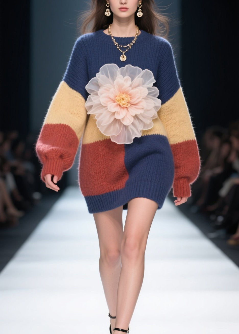 Diy Colorblock O Neck Patchwork Knitwear Dress Fall