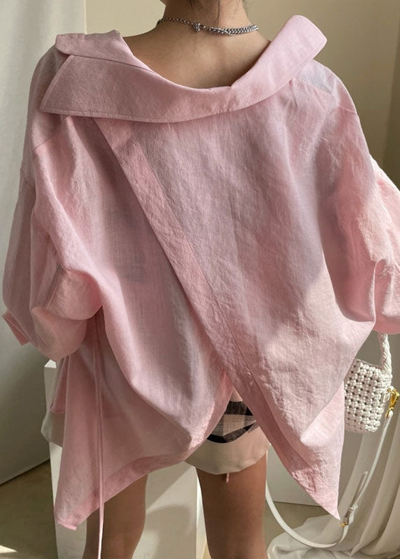 Pink Peter Pan Collar Tie Waist Shirt Spring