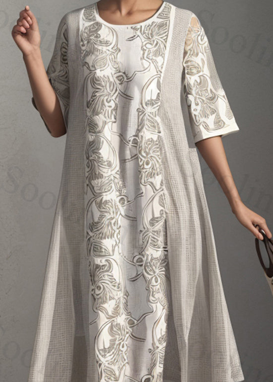 Apricot O Neck Print Patchwork Silk Dress Summer