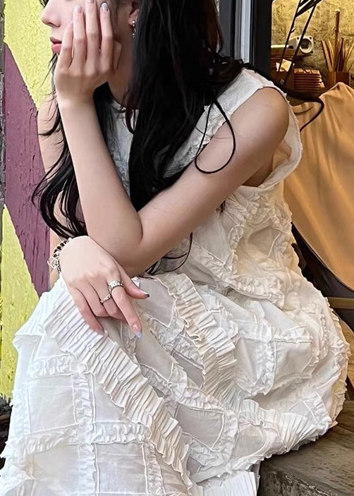 White Ruffled Cotton Long Dress Sleeveless