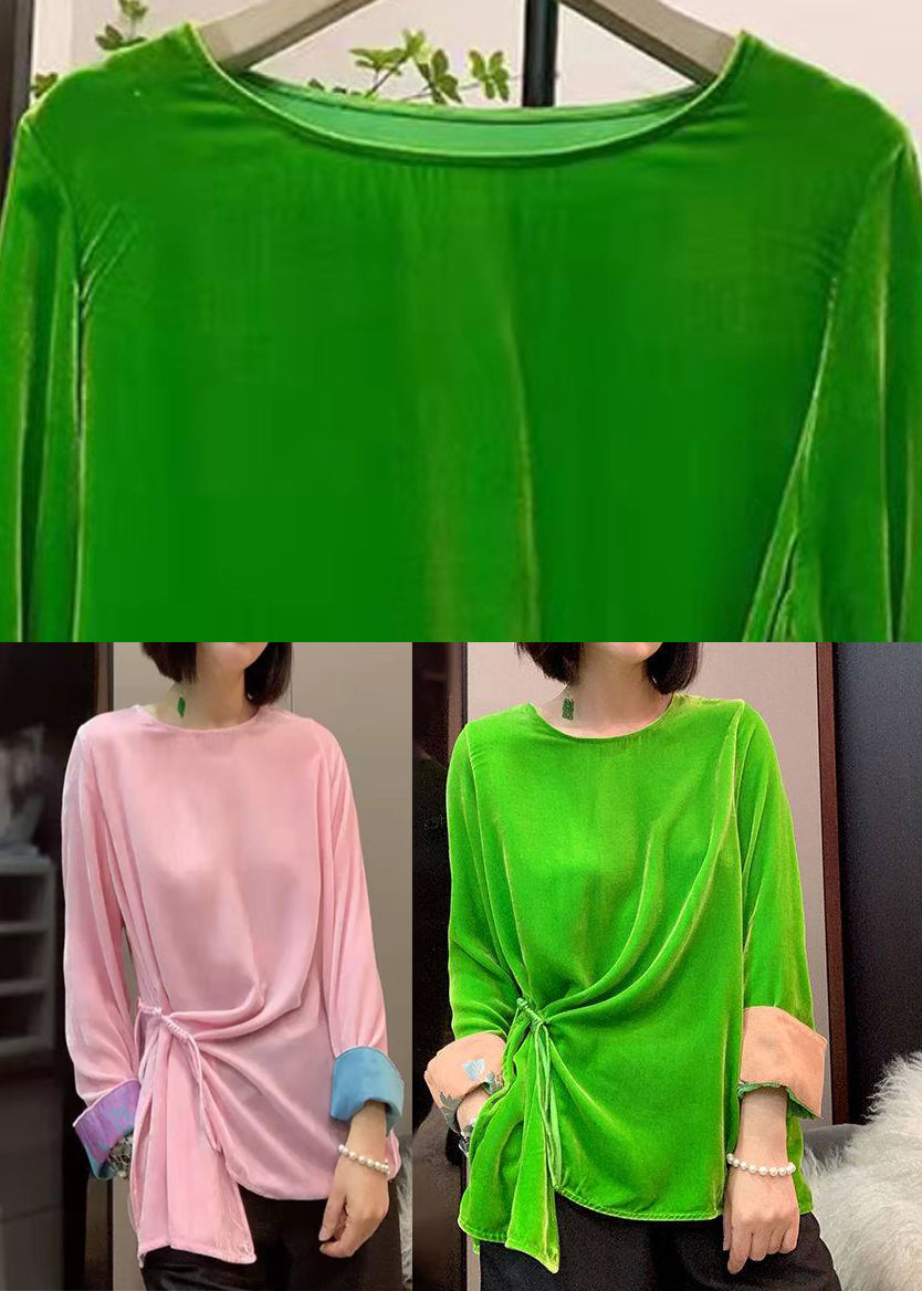 Green O-neck Cinched Velour Tops Long Sleeve