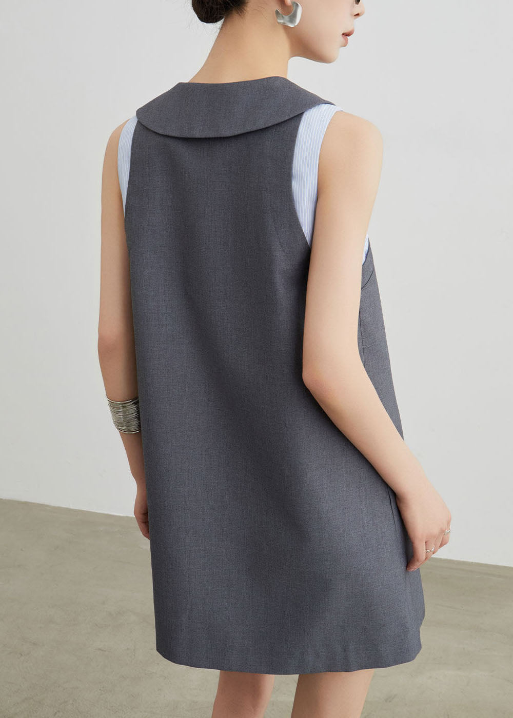Grey Peter Pan Collar Patchwork Cotton T Shirt Dresses Sleeveless