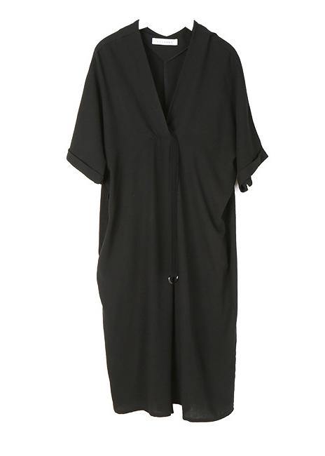 Handmade Black V Neck Tie Waist Summer Dress