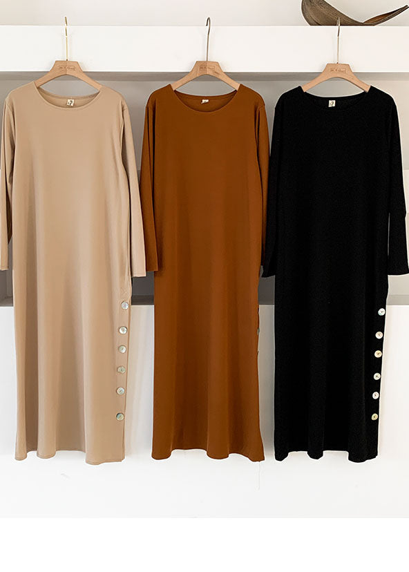 Art Beige O-neck Oversized Side Open Knit Ankle Dress Spring