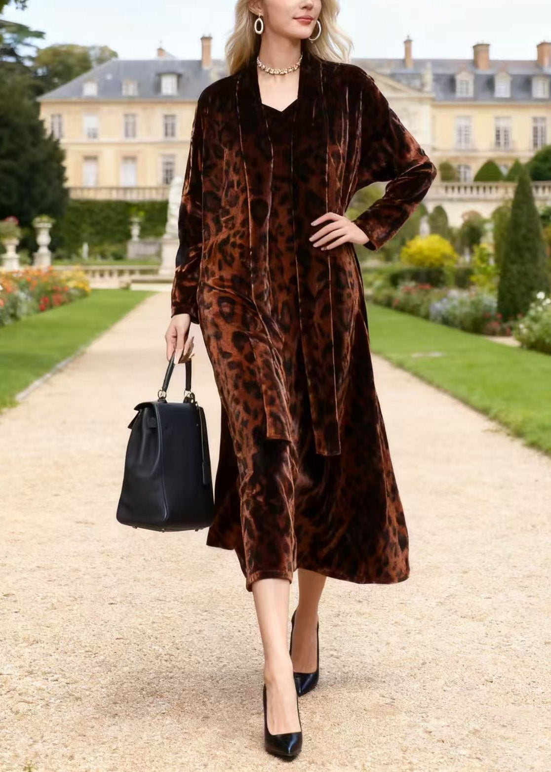 Coffee V Neck Leopard Print Velvet Dresses Spring