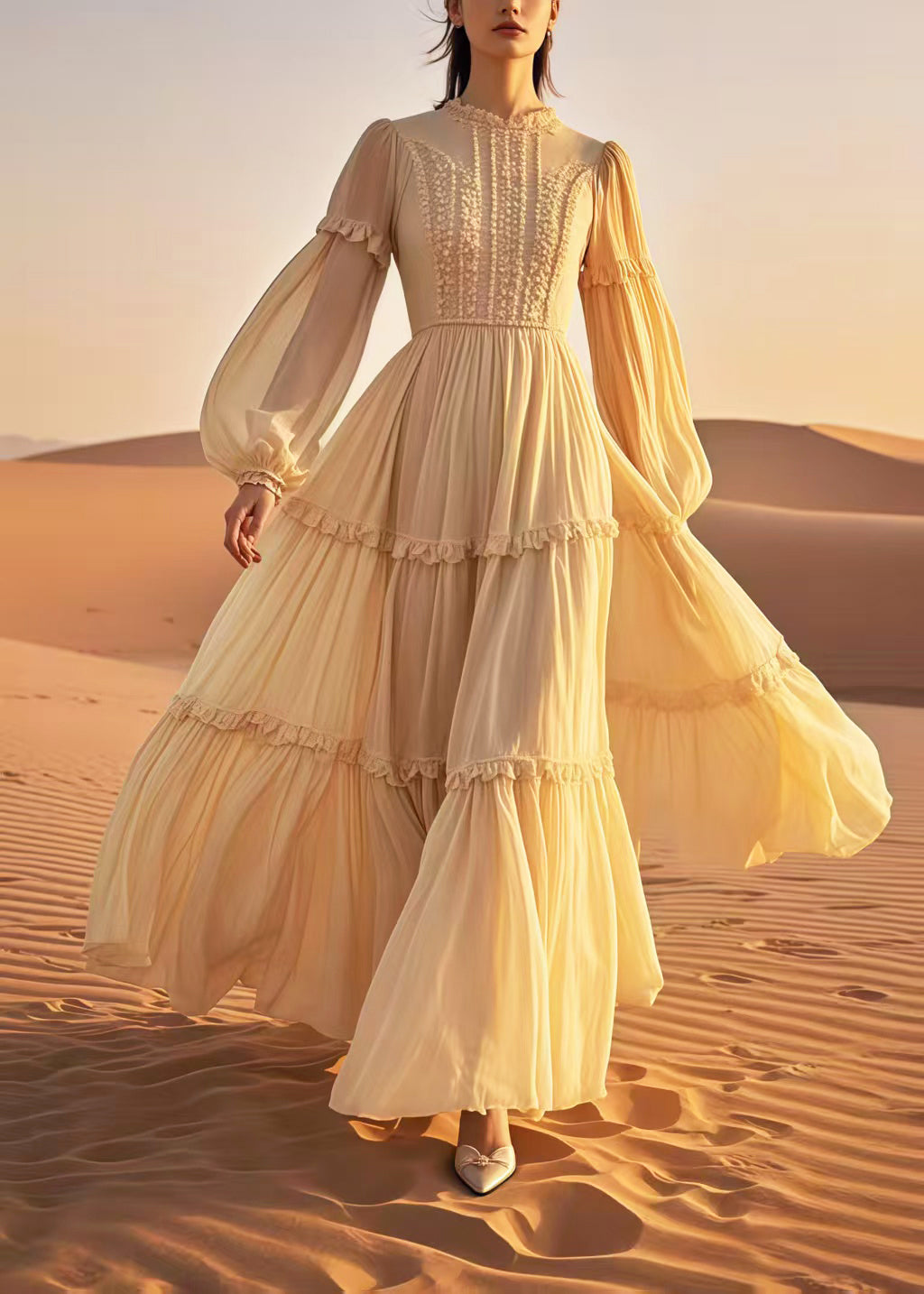 Yellow Ruffled Exra Large Hem Chiffon Ankle Dress Spring