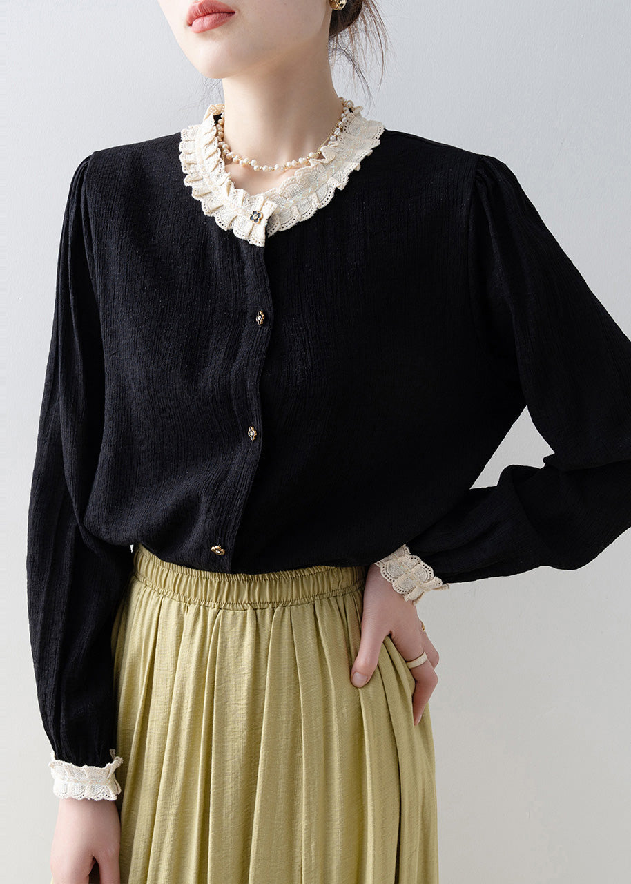 Black Oversized Patchwork Lace Blouses Spring
