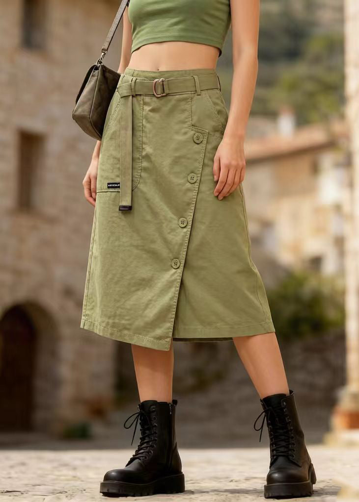 Grass Green Asymmetrical Design Cotton Skirt Summer