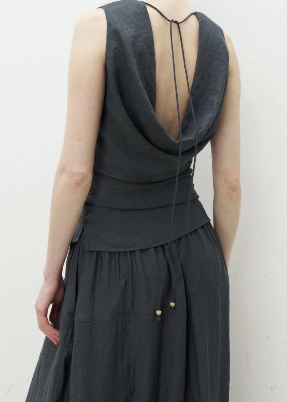 Grey O-neck Top and Maxi Skirts Two Pieces Set Summer