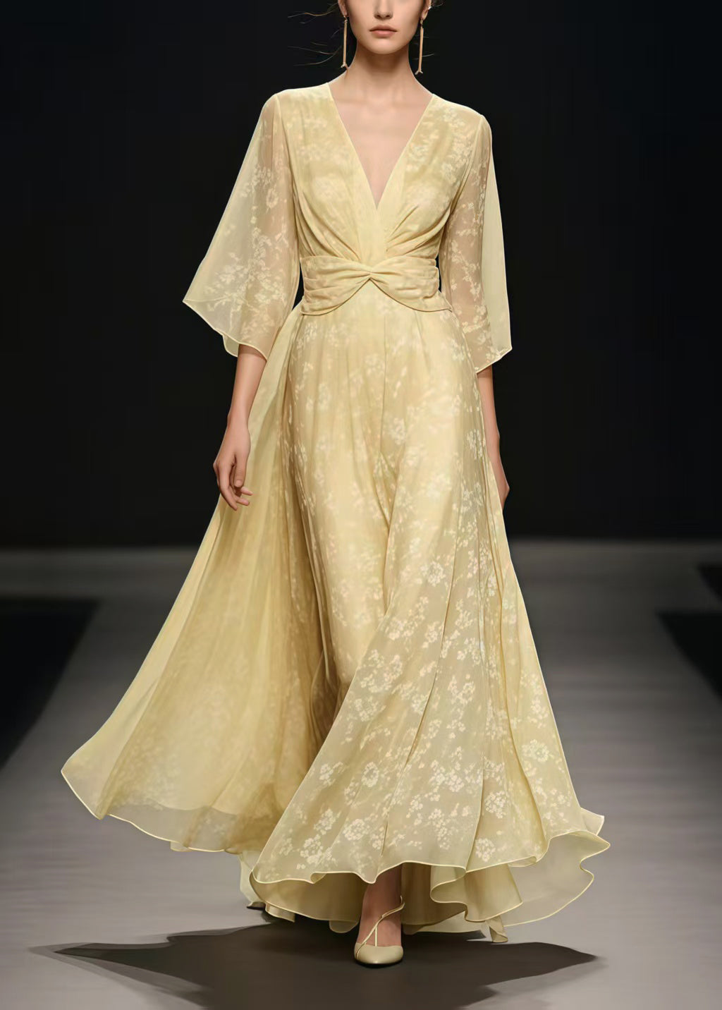 Light Yellow Cinched Exra Large Hem Chiffon Long Dress Summer