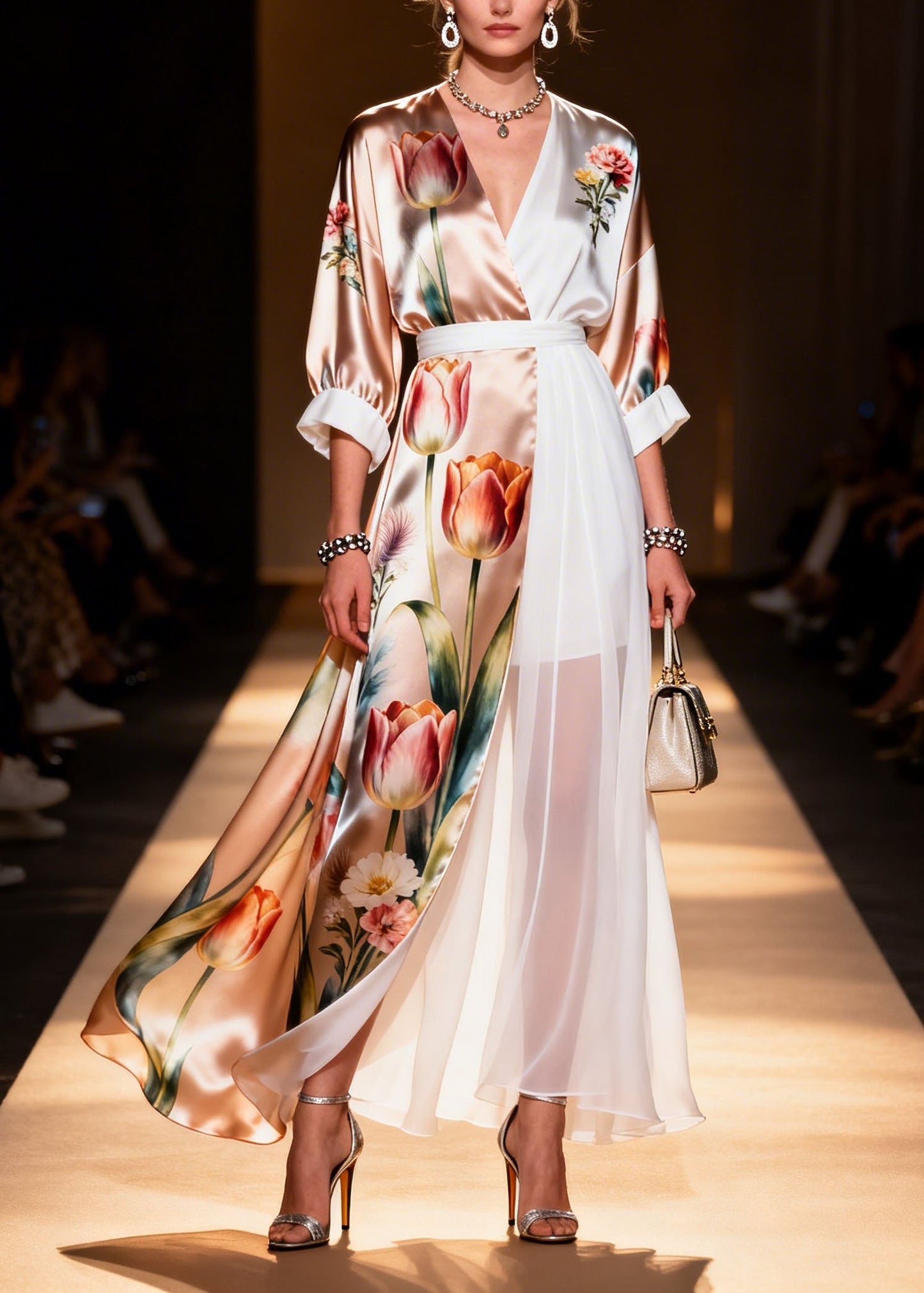 Colorblock V Neck Print Chiffon Dress Summer