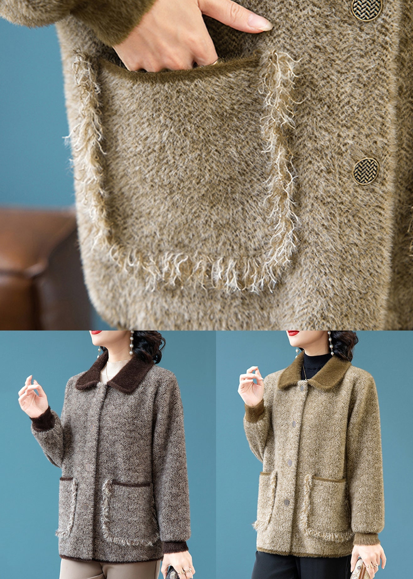 French Khaki Peter Pan Collar Pockets Mink Hair Knitted Coats Winter