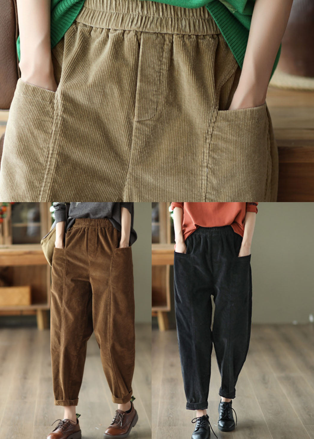 Black Elastic Waist Patchwork Pockets Corduroy Pants Spring