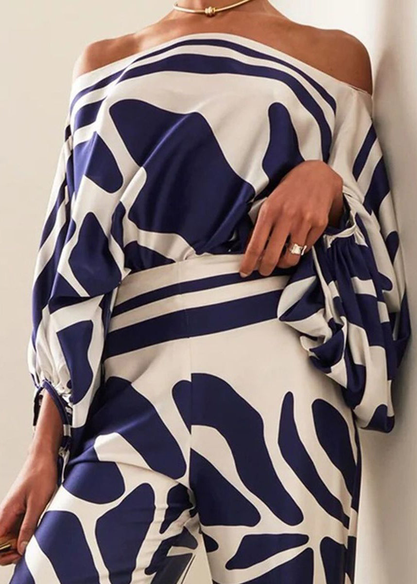 Loose Blue Print High Waist Cotton Two Piece Set Spring