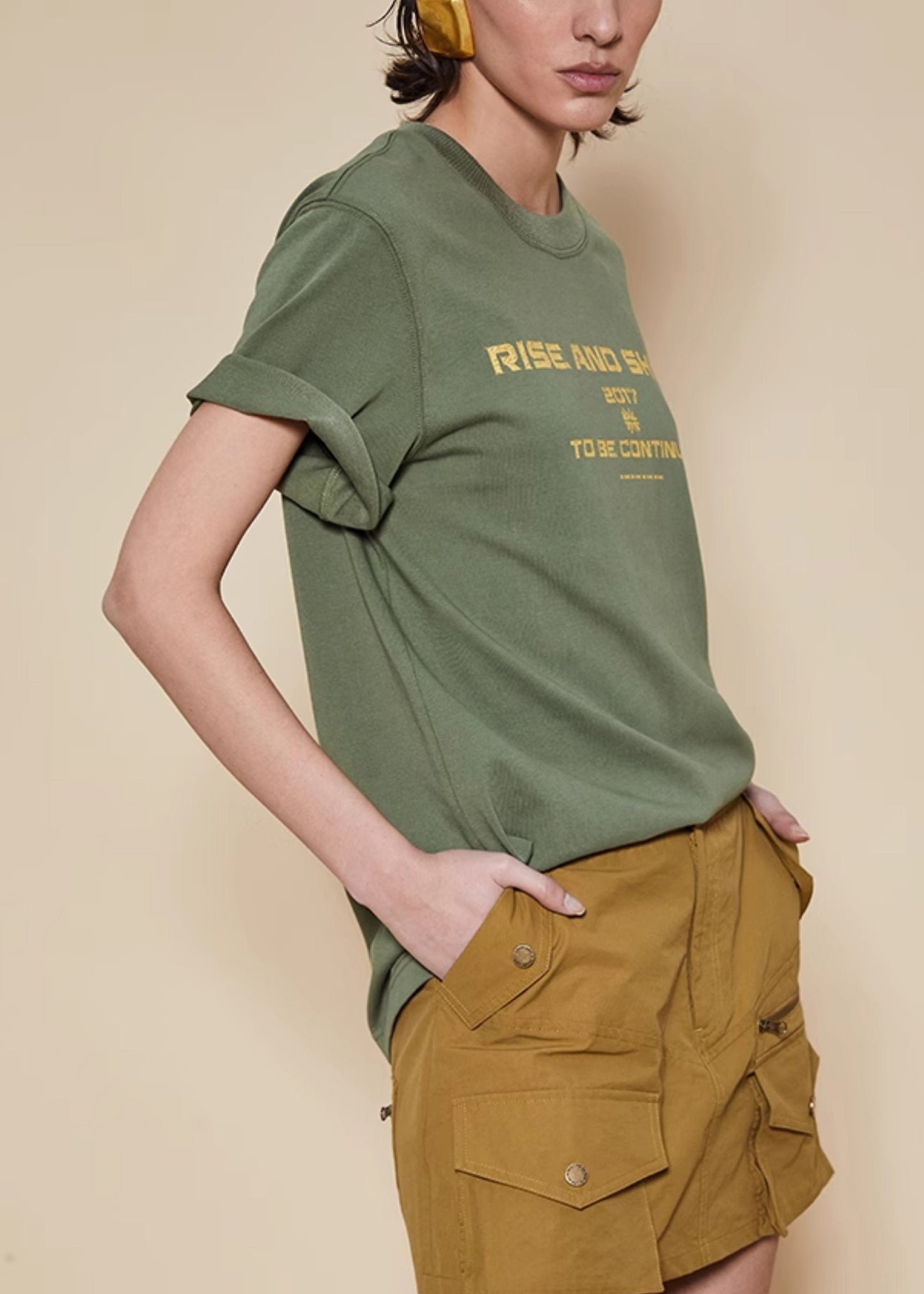 Green O Neck Letter Cotton T Shirt Summer