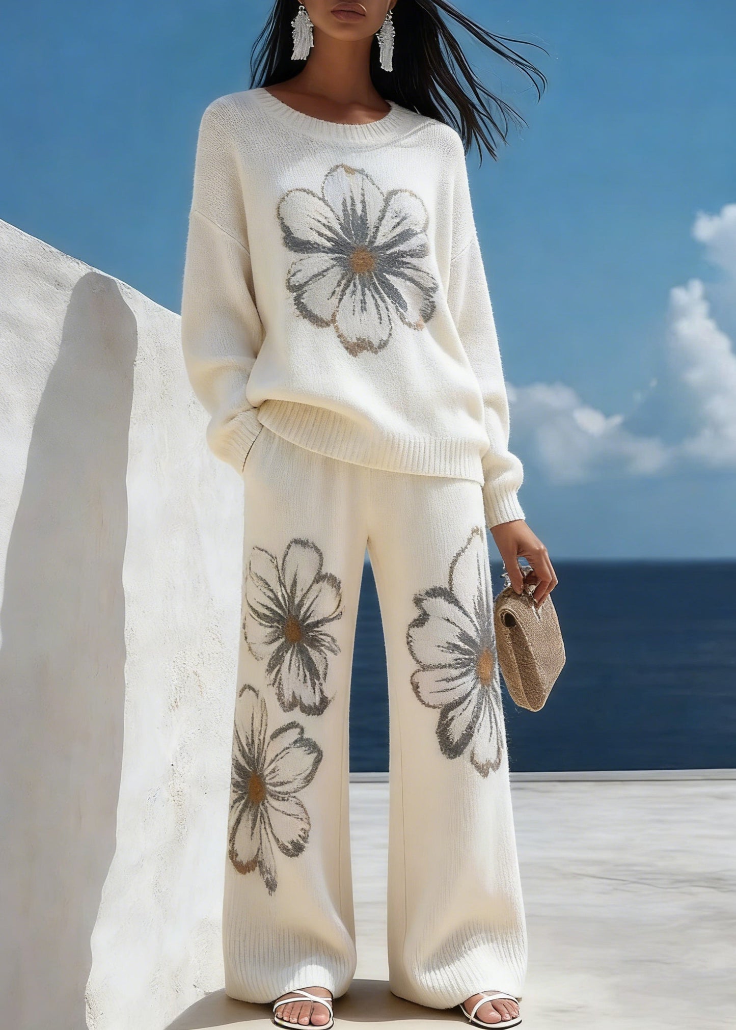 White Cozy Knit Two Piece Suit Set O-neck Spring