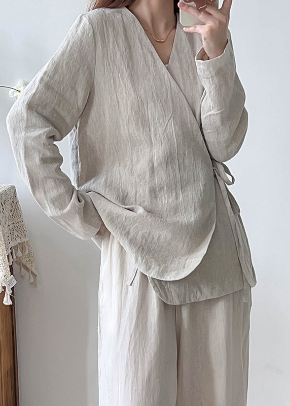 Chinese Style White V Neck Lace Up Linen Shirt Top Spring