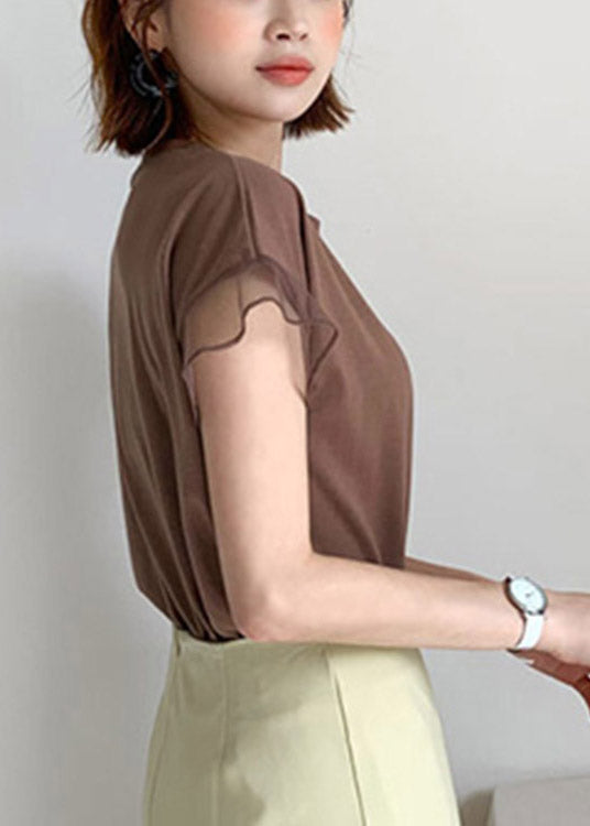 Chocolate O-neck Tulle Patchwork Ruffled Cotton T Shirts Short Sleeve