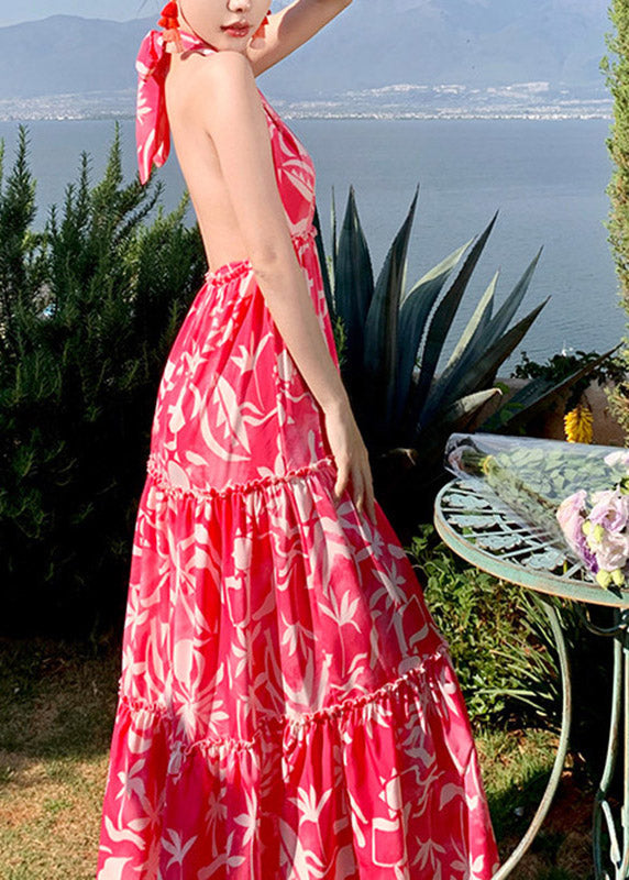Red Patchwork Halter Wrinkled Maxi Beach Dress Sleeveless